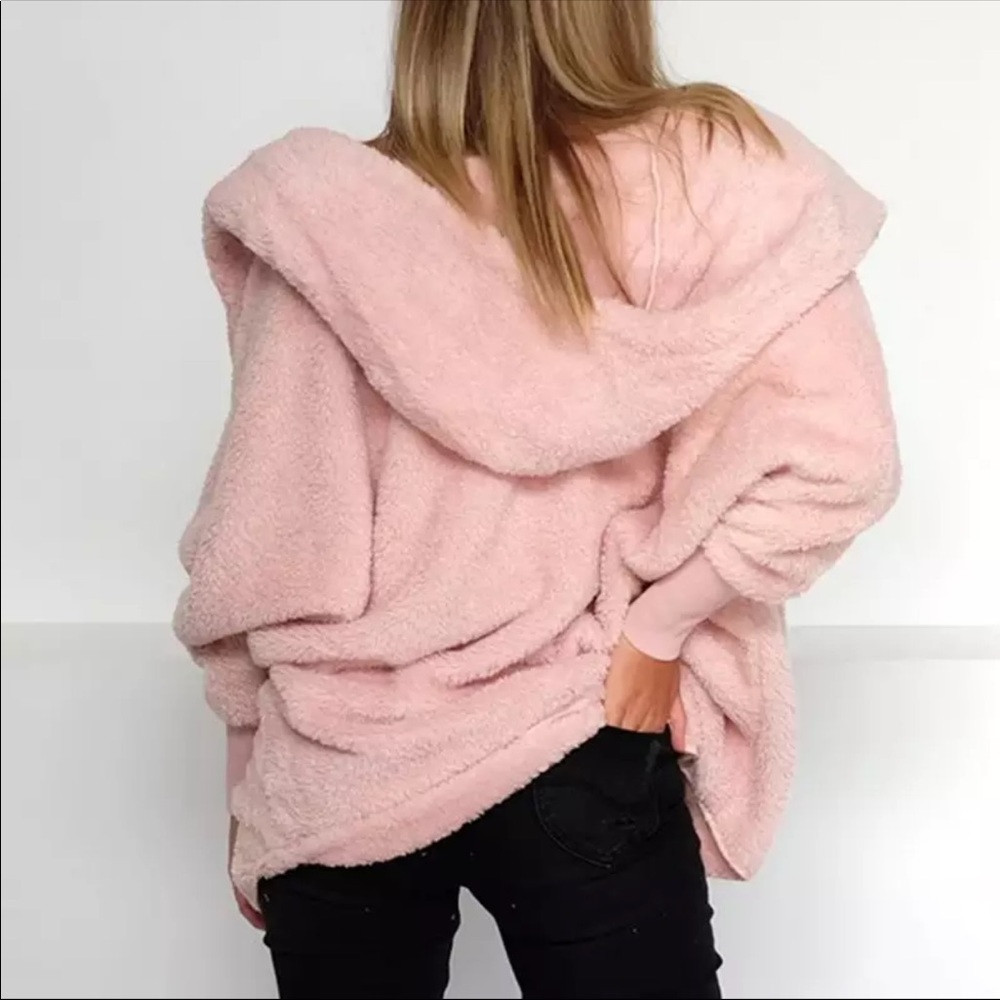 1 Left! Pink Oversized Cozy Teddy Sweater W/ Hood - Picture 3 of 7